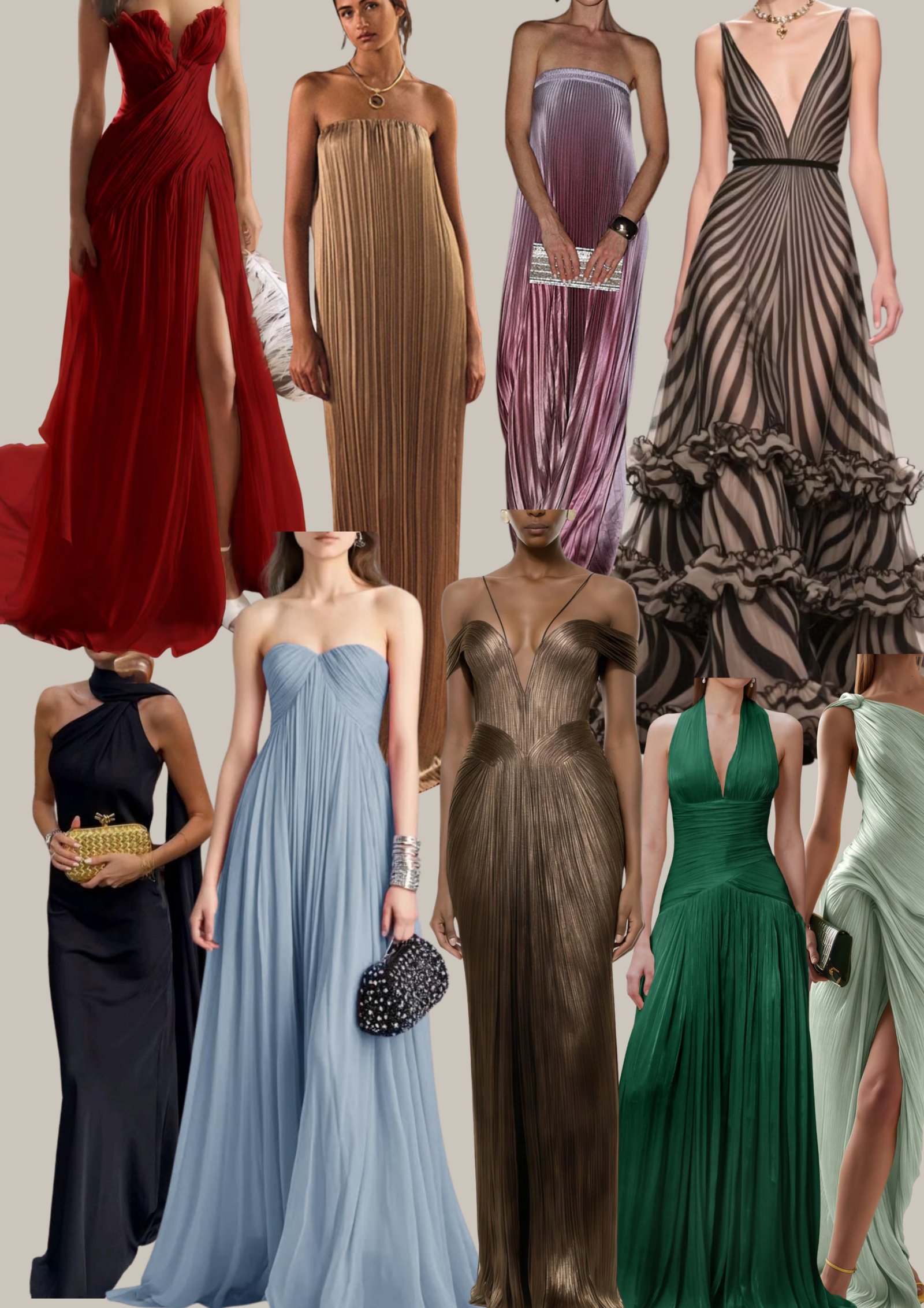 Black tie inspiration for her — floor-length gowns in rich tones