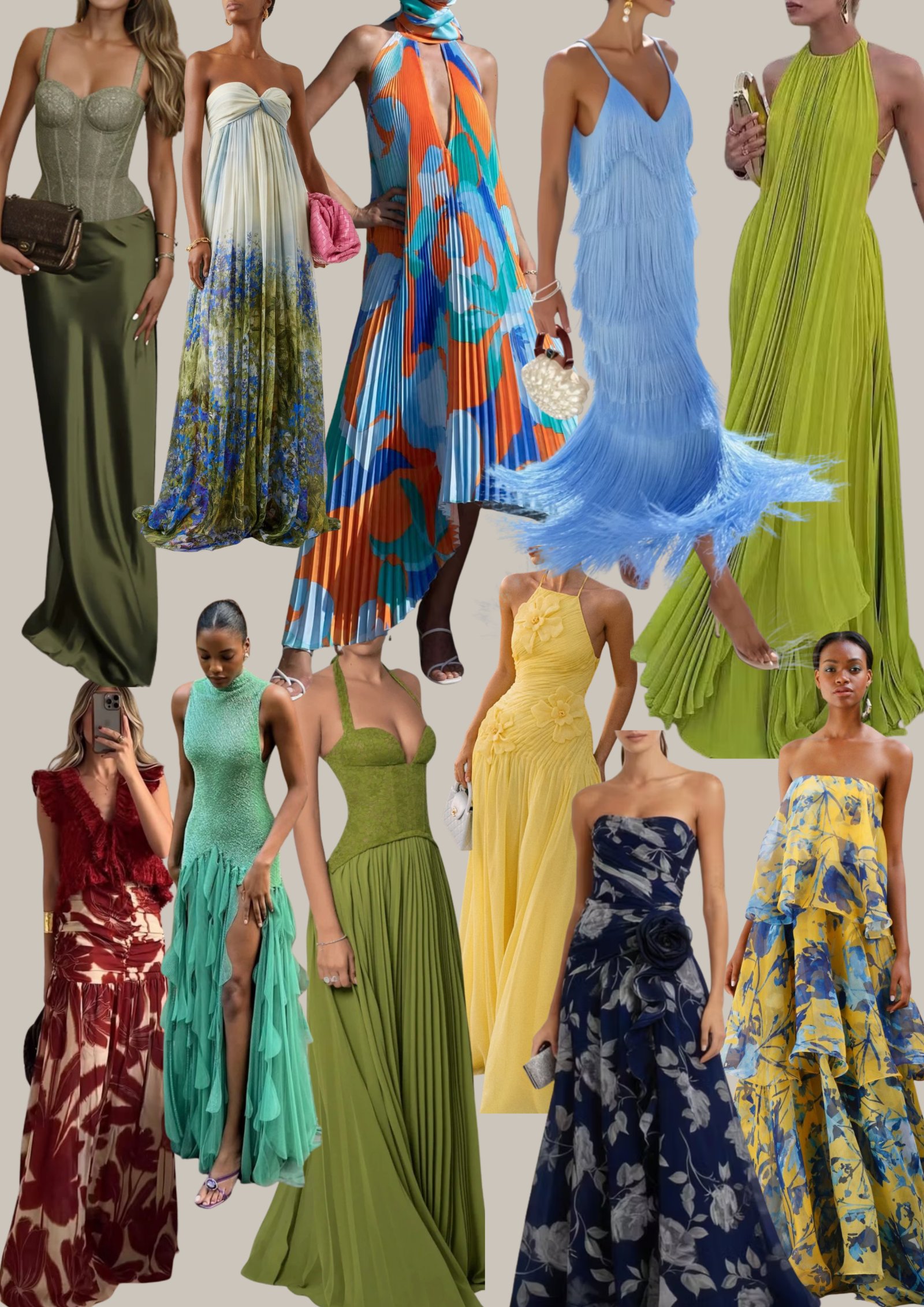 Garden formal inspiration for her — long dresses, florals, colour